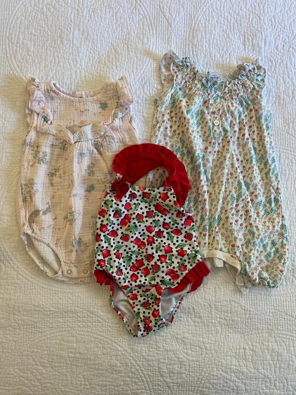Summer Bundle | Mayoral Swimsuit, Feather Baby & Elegant Baby Rompers EUC 6-9 m